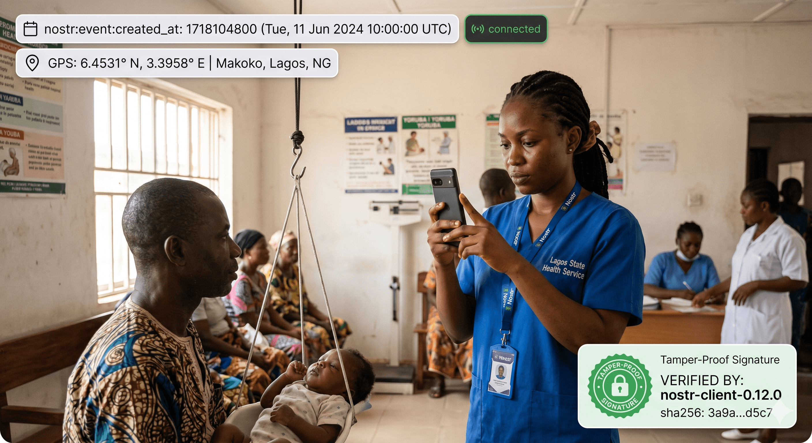 Field health worker capturing video with the Pawavox app — Nostr event metadata, GPS coordinates, and tamper-proof signature overlay visible