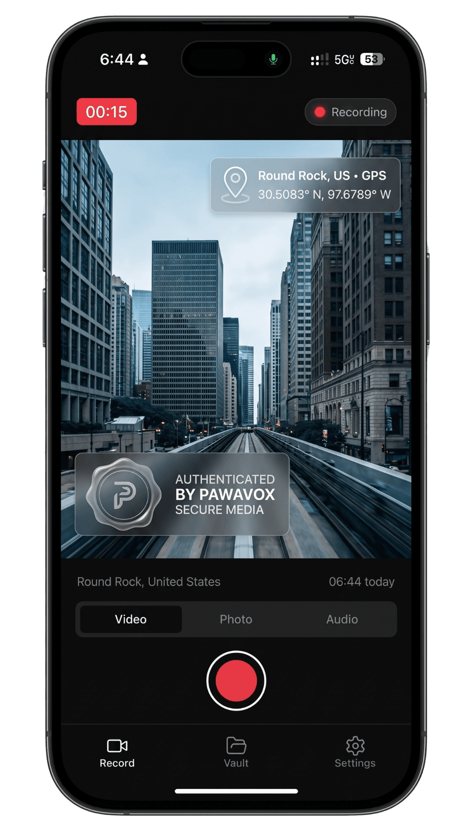 Pawavox Camera app on a smartphone — live video recording with GPS coordinates and Authenticated by Pawavox Secure Media seal